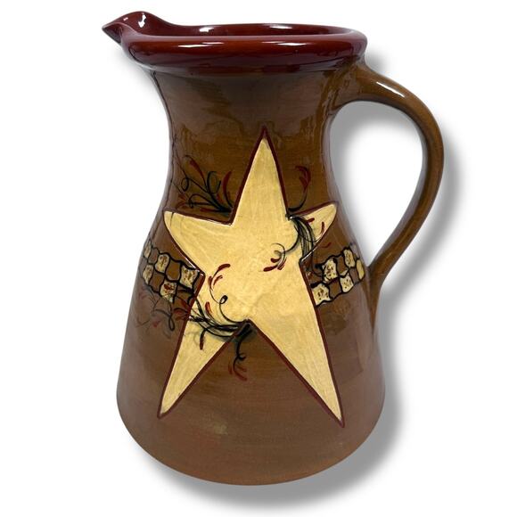Eldreth Pottery Redware Pitcher Jug 9" Tall Brown Star Geometric Signed 2008 - Picture 1 of 10